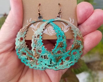 Big Turquoise and Copper Boho Hoop Earrings, Handmade Enameled Earrings, Filigree Earrings, One of a Kind Verdigris Earrings, Southwestern