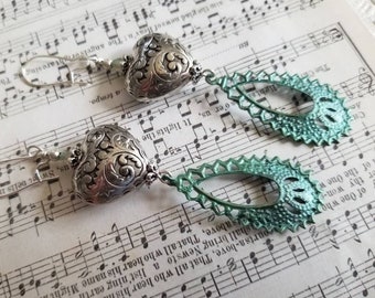 Silver Puffed Heart and Mint Green Long Earrings Handmade Handpainted Boho Hippie Southwestern Cowgirl Rustic Gift for Her Love Romantic