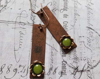 Copper Flower Earrings: Rustic Olive Green Boho Cottagecore Garden Jewelry