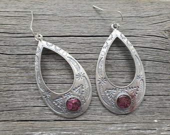 Big Silver Gypsy Earrings Southwestern Berry Earrings. Silver Gemstone Earrings Cowgirl, Faux Gemstone Earrings, Boho Tribal Teardrop Purple