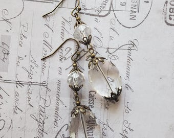 Clear Crystal Faceted Dangle Earrings: Rustic Brass Oval