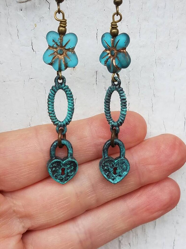 Lock Earrings Padlock Earrings Turquoise Earrings Flower Etsy