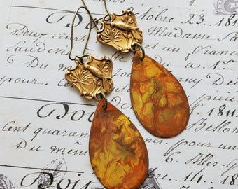 Hand Painted Teardrop Bird Earrings: Copper Gold Brown Orange Fall Autumn Jewelry