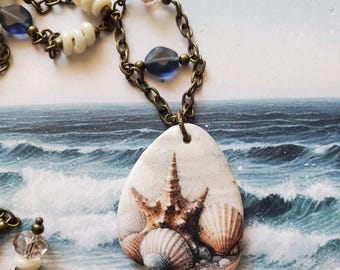 By the Seashore Seashell Beach Necklace: Artisan Ceramic Pendant, Blues, Handmade, Summer Vibes, Tropical