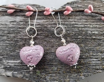 Light Pink Puffed Heart Earrings Love Romantic Southwestern Cowgirl Rustic Gift for Her Valentine Silver Filigree Enamel Victorian Hoop