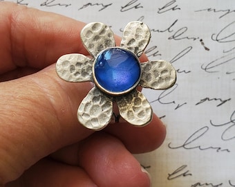 Big Statement Daisy Blue Flower Ring: Antique Silver, Faux Gemstone, Adjustable, Resin