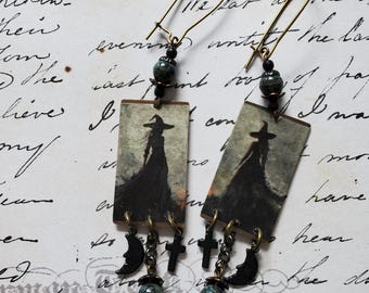 Mismatched Witch Gothic Halloween Earrings: Witch, Crescent Moon, Cross Dangle OOAK