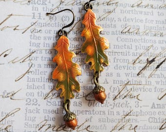 Hand Painted Oak Leaf Earrings, Acorn Dangle, Autumn Jewelry