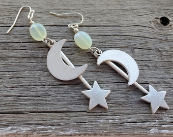 Moon and Star Earrings Crescent Moon Enamel Earrings Whimsigoth Celestial White Moon Silver Star Gypsy Boho