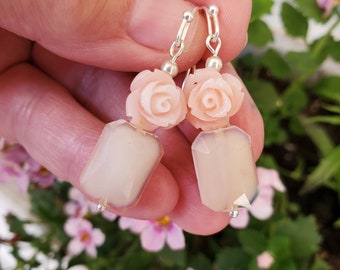 Peach and Pink Rose Earrings Cottagecore Handmade Romantic Simple Earrings Gift for Her Feminine Garden Lover Nature Botanical Floral