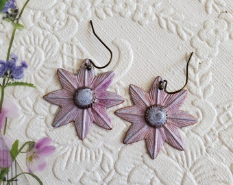 Opal Pink Purple Flower Earrings Copper Flower Earrings, Handmade Flower Earrings, Boho Faux Gemstone Earrings, Vintage Star Flower Earrings