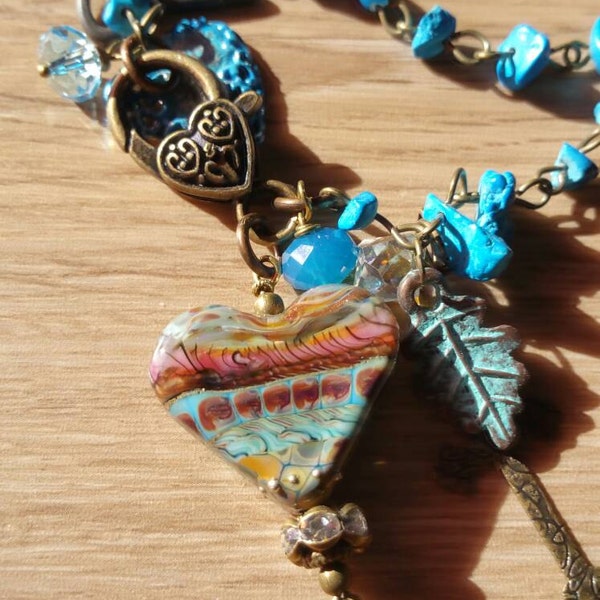 Turquoise Necklace Triple Strand Heart Necklace Charm Necklace Chain Necklace Southwestern Arizona New Mexico Flea Market