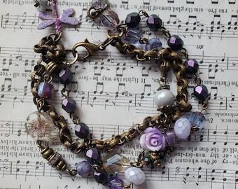 Purple Triple Strand Bracelet Romantic Garden Bracelet Handmade Lavender Brass Charm Bracelet Rhinestone Rustic Victorian Dragonfly Flowers