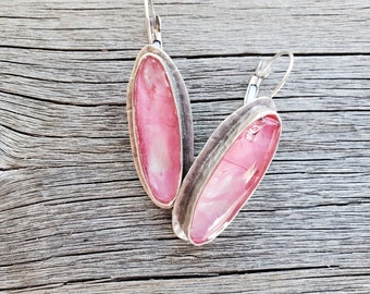 Handmade Romantic Pink Earrings Silver Stone Earrings Spring Resin Earrings Faux Stone Earrings Rose Quartz Bezel Earrings Oval