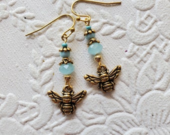 Gold and Blue Bee Earrings Handmade Garden Lover Nature Insect Simple Earrings Botanical Cottagecore Gift for Her