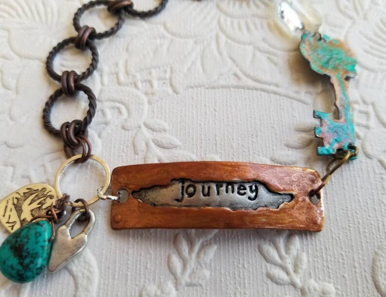 Journey Word Bracelet, Copper and Turquoise Boho Bracelet, Heart ...