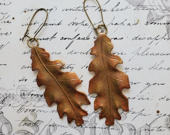 Hand Painted Oak Leaf Earrings: Autumn Cinnamon Coral Brown, Boho Woodland Jewelry