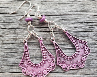 Lilac Dangle Earrings Filigree Romantic Silver Earrings Cowgirl Cottagecore Handmade Pink Purple Earrings Feminine Shabby Artsy Earrings