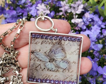 Butterfly Necklace: Purple Rhinestone Pendant, Vintage Script, Handmade