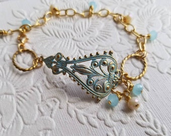 Gold and Baby Blue Bracelet, Gift for Her, Handmade Victorian Style Bracelet, Gold Women's Bracelet