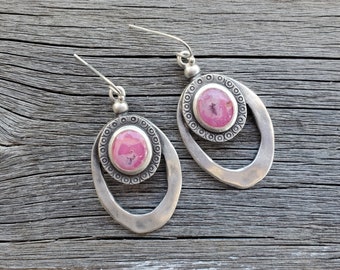 Pink Stone Earrings Silver Gypsy Earrings Southwestern Oval Earrings Silver Gemstone Cowgirl Faux Gemstone Earrings Boho Cottagecore