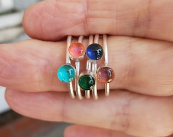 Silver Stacking Faux Gemstone Rings: Adjustable, Minimalist, Birthstone