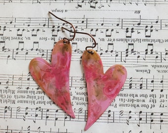 Boho Pink Heart Earrings, Earthy Pink Rose Copper Enamel Earrings, Southwestern Cowgirl Earrings Turquoise Artsy Torch Fired Valentine Love