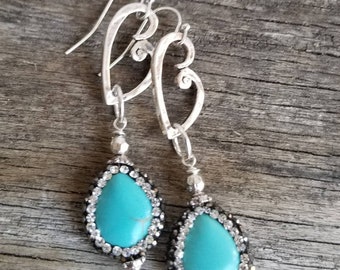 Heart Earrings Turquoise Earrings Rhinestone Encrusted Turquoise Earrings Southwestern Earrings Romantic Earrings Silver Heart Earrings