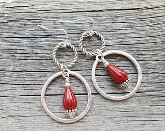 Red Earrings Hoop Earrings  Valentine Earrings Silver Earrings Simple Earrings  Romantic Earrings Gift for Her Berry Red Ruby Earrings