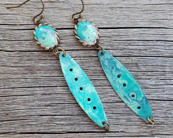 Hand Painted Turquoise Earrings Boho Faux Gemstone Earrings Artsy Gypsy Earrings Cowgirl Southwestern Enameled Earrings Handmade OOAK