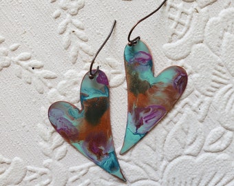 Boho Colorful Heart Earrings Earthy Lavender Copper Enamel Earrings Southwestern Cowgirl Earrings Turquoise Artsy Torch Fired Romantic