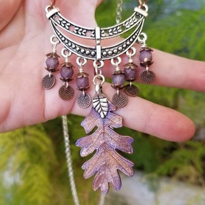 Handpainted Oak Leaf Pendant Necklace: Lavender Copper Silver