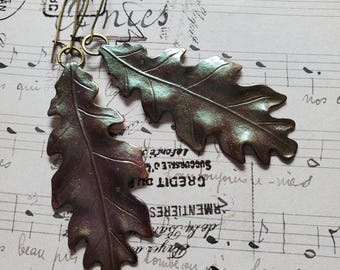 Hand Painted Oak Leaf Earrings: Autumn Fall Iridescent Green and Brown, Boho Woodland Jewelry