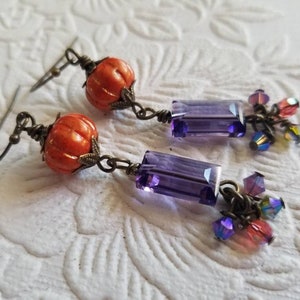 Handmade Pumpkin Earrings: Rustic Brass, Swarovski Crystals, Fall Harvest