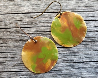 Boho Earrings, Earthy Copper and Green Enamel Earrings, Southwestern Cowgirl Earrings, Disc Earrings, Torch Fired, Fall Earrings, Rustic