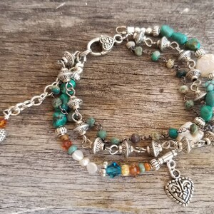 Turquoise & Pearl Triple Strand Bracelet: Boho Southwestern Gemstone
