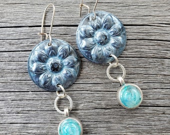 Turquoise Blue Flower Earrings Medallion Earrings Faux Gemstone Hand Painted Cottagecore Handmade Artsy One of a Kind Garden Lover Nature