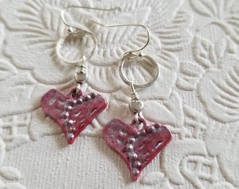 Red Silver Heart Earrings Simple Petite Cowgirl Southwestern Gift for Her Romantic Love Rustic Boho Hoop Valentine Mother's Day