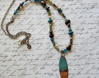 Turquoise Silver Southwestern Beaded Pendant Necklace; Artisan Cowgirl, Handmade, Pearl, Crystal, Stone