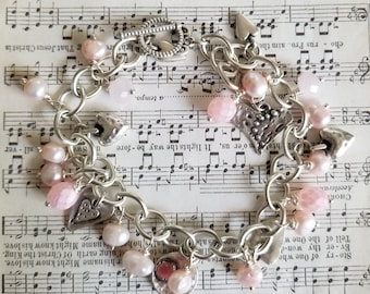 Pink Pearl Bracelet, Pink Heart Bracelet, Handmade Pink Cluster Bracelet. Romantic Pink Bracelet