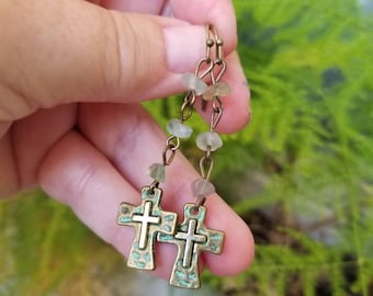 Rustic Green Brass Cross Earrings with Rainbow Fluorite gemstones. Boho Hippie Religious Earthy Southwestern TeslaDesigns