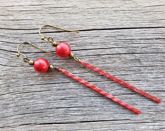 Red Handmade Matchstick Earrings, Hand Painted Red Earrings, Enameled Bar Earrings, Southwestern, Cowgirl, Country Music Concert Valentine