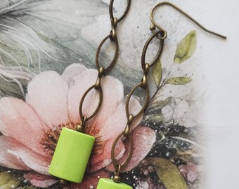 Lime Green Earrings: Chalk Turquoise Long Brass Earrings, Artisan Handmade Boho, Chartreuse