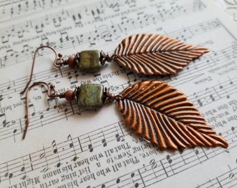 Copper and Green Leaf Earrings, Fall, Autumn, Harvest, Handmade, Hand painted, Garden, Woodland Earrings