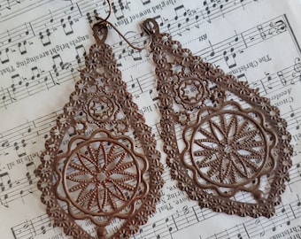 Big Boho Earrings Brown Earrings Rustic Earrings Gypsy Earrings Earthy Earrings Tribal Earrings Hippie Filigree Hand Painted Woodland