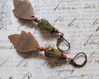 Handmade Artisan Copper Leaf Earrings: Olive Green Autumn Fall Jewelry OOAK