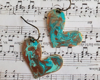 Heart Earrings,  Handmade Turquoise and Copper Earrings, Southwestern Heart Earrings, Enameled Heart Earrings
