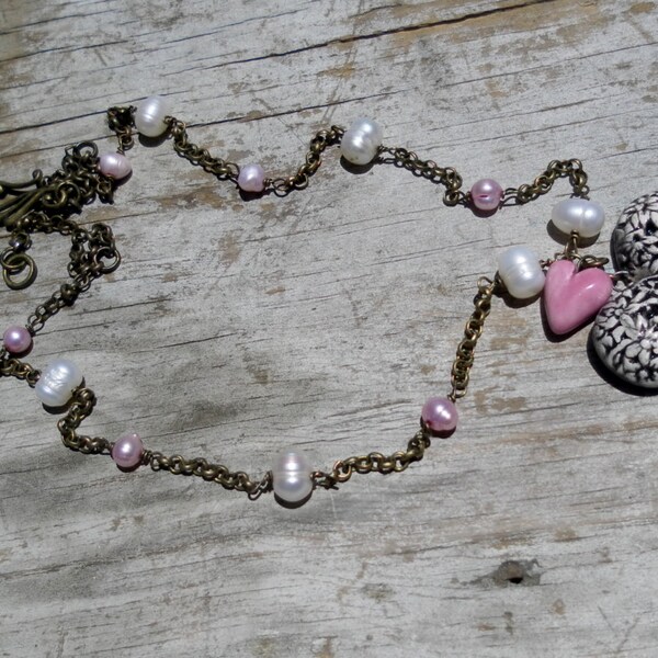 Pink Black Heart Necklace Ceramic Hearts Freshwater Pearls Simple Necklace