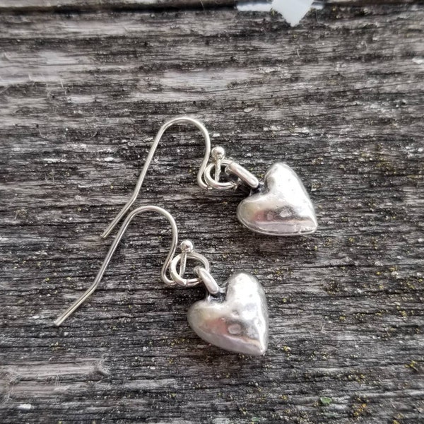 Tiny Silver Puffed Heart Earrings Simple Petite Cowgirl Southwestern Gift for Her Romantic Love Rustic Boho Valentine Tesla Designs