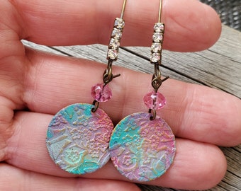 Pink Earrings Watercolor Spring Summer Hand Painted Floral Coin Earrings Purple Turquoise Rhinestone Handmade Enameled Butterfly Earrings